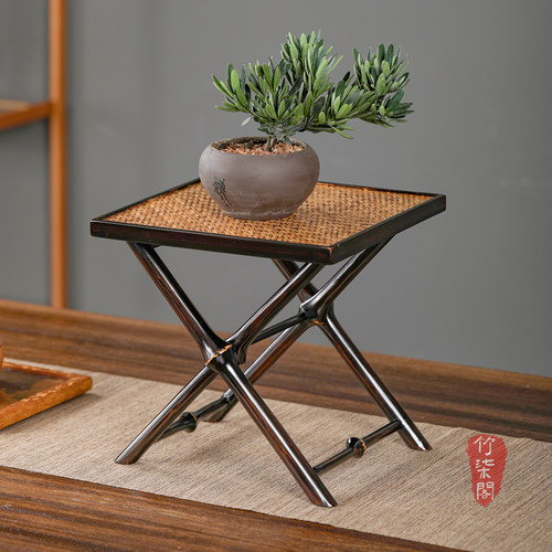 筇竹折叠小花台花架茶台竹编摆件