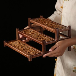 中式实木胡桃木双层核桃云梯茶具收纳博古架桌面置物架茶道晾杯架