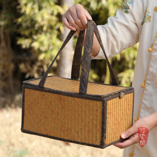 竹编手提茶箱茶具收纳包带隔层