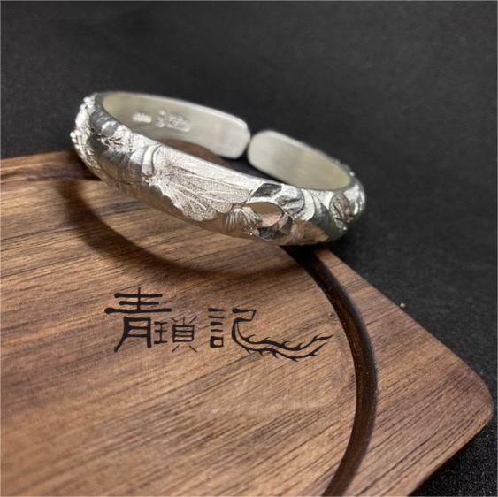 青琐记 大师原创精工荷花款足银999纯手工银手镯女 珍藏版 雨淋淋