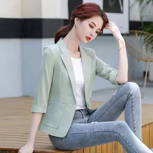 潮唯品会官网特卖短款单薄棉麻小西装外套断码夏女装千百惠旗舰店