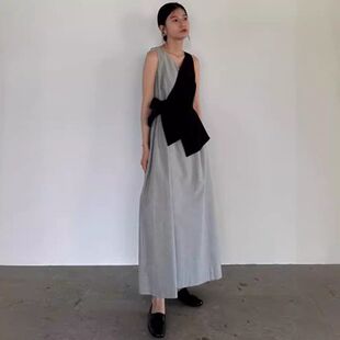 现货clane松本惠奈连衣裙新款设计感双色拼接V领休闲简约长裙女