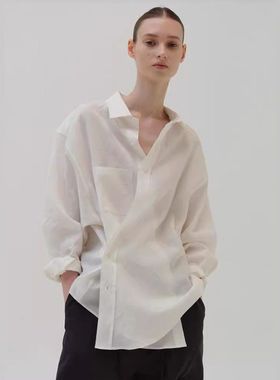 现货moia亚麻衬衫高圆圆同款透气纹理小众基础款不规则衬衣女