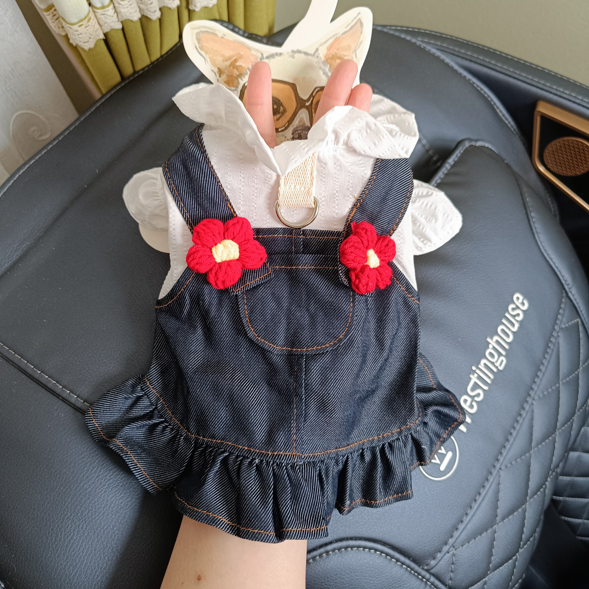 泡米酱小红花背带裙宠物狗狗衣服泰迪春夏可牵引猫咪约克夏牛仔裙
