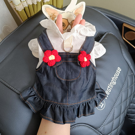 泡米酱小红花背带裙宠物狗狗衣服泰迪春夏可牵引猫咪约克夏牛仔裙