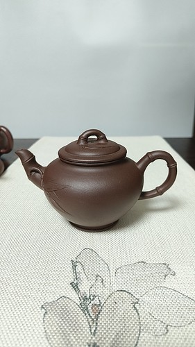 宜兴紫砂壶原矿紫泥全手工竹报春壶容量300cc茶具茶壶礼品