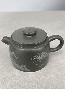 宜兴紫砂壶绿泥民国绿全手工堆绘山水巨轮壶210cc茶壶茶具礼品