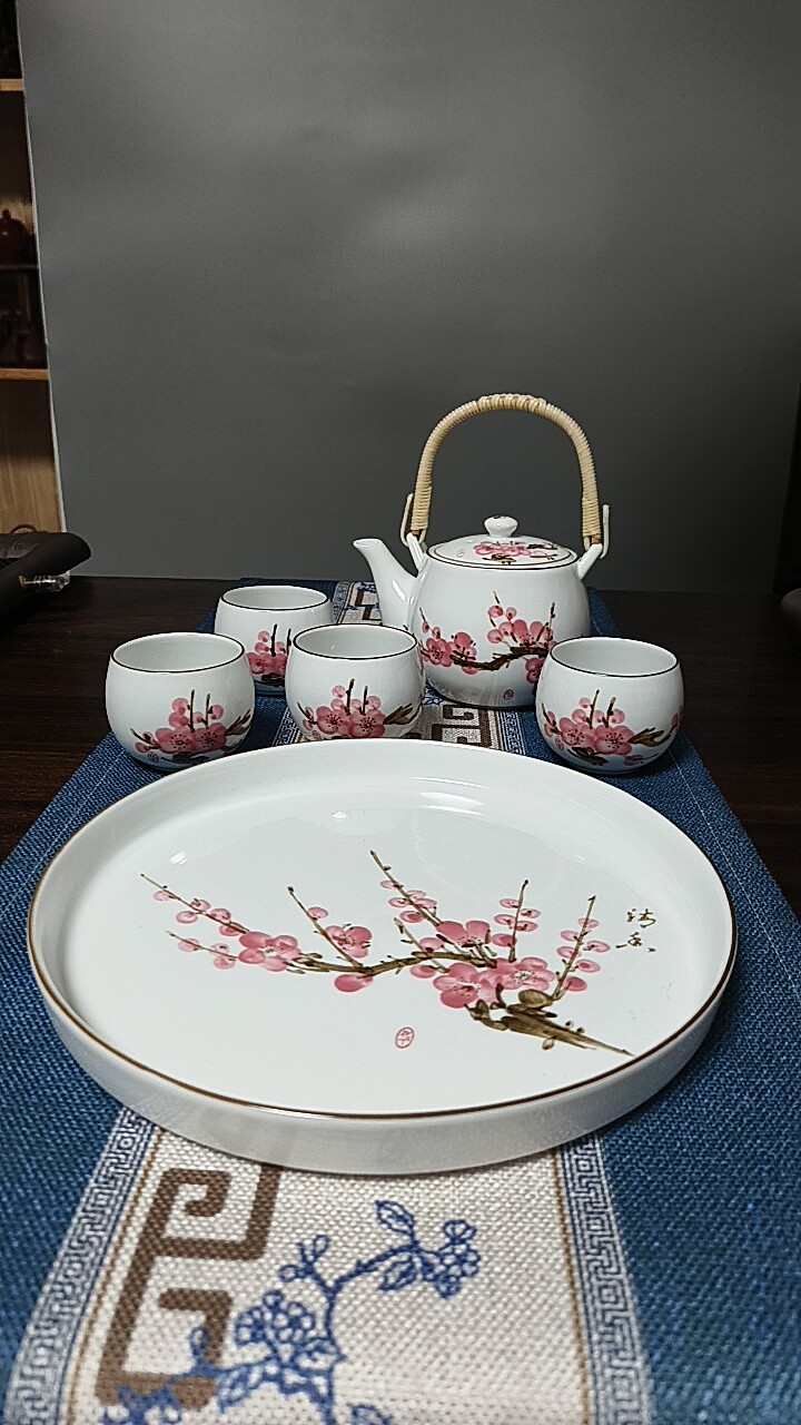 景德镇早期手绘釉中彩7头4人用梅花陶瓷茶壶茶具套组收藏品礼品