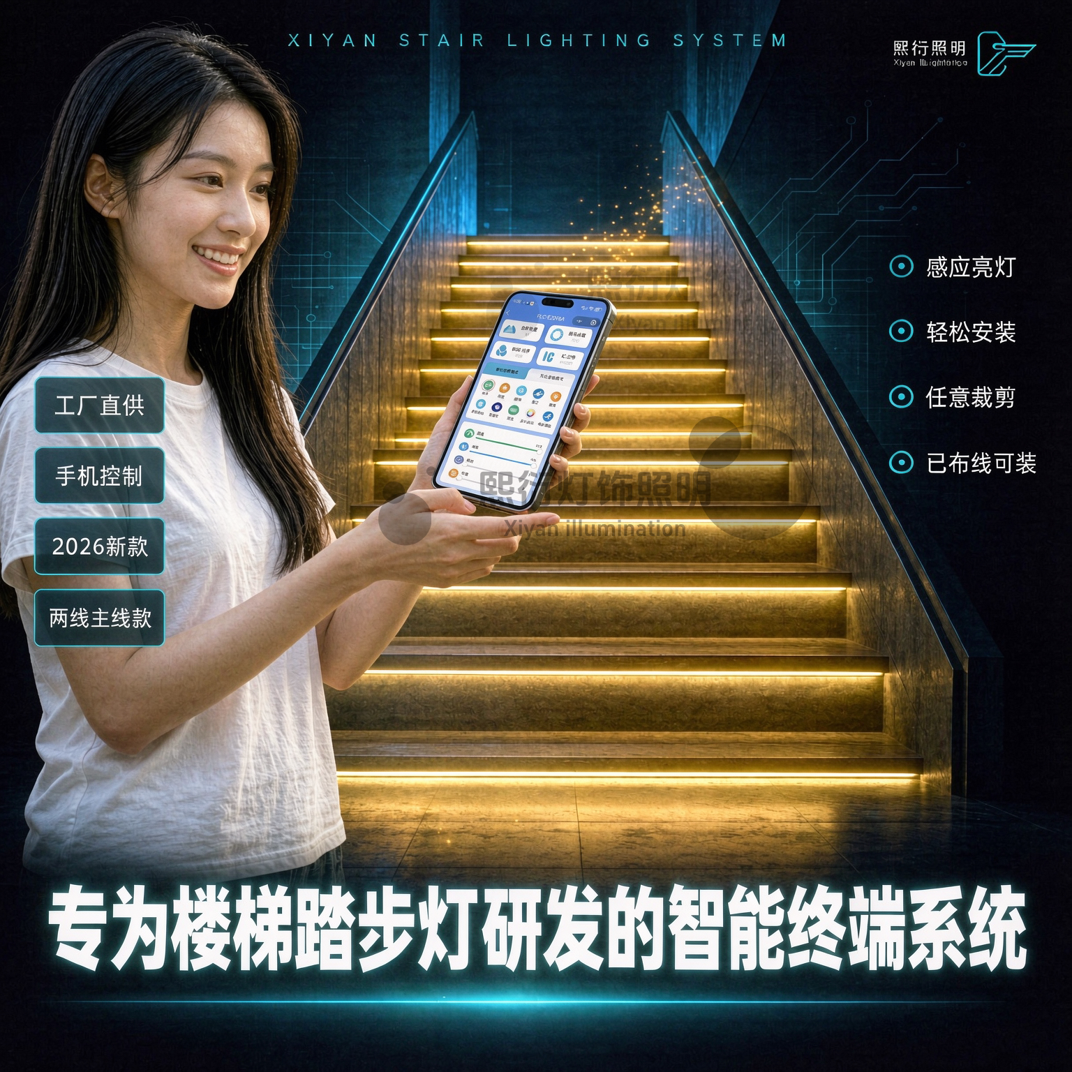 PLC两线三合一楼梯灯控制器感应踏步灯网红台阶灯别墅追光免布线