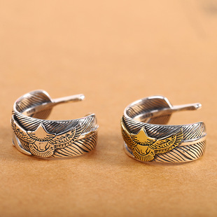 鹰指环 s925纯银镀铜做旧泰银个性 男女通用开口羽毛戒指