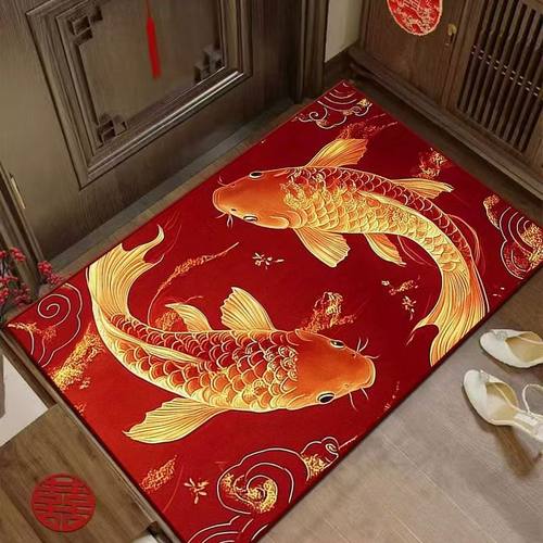 中式入户门地垫门口地垫加厚款家用玄关进门红色锦鲤脚垫耐脏