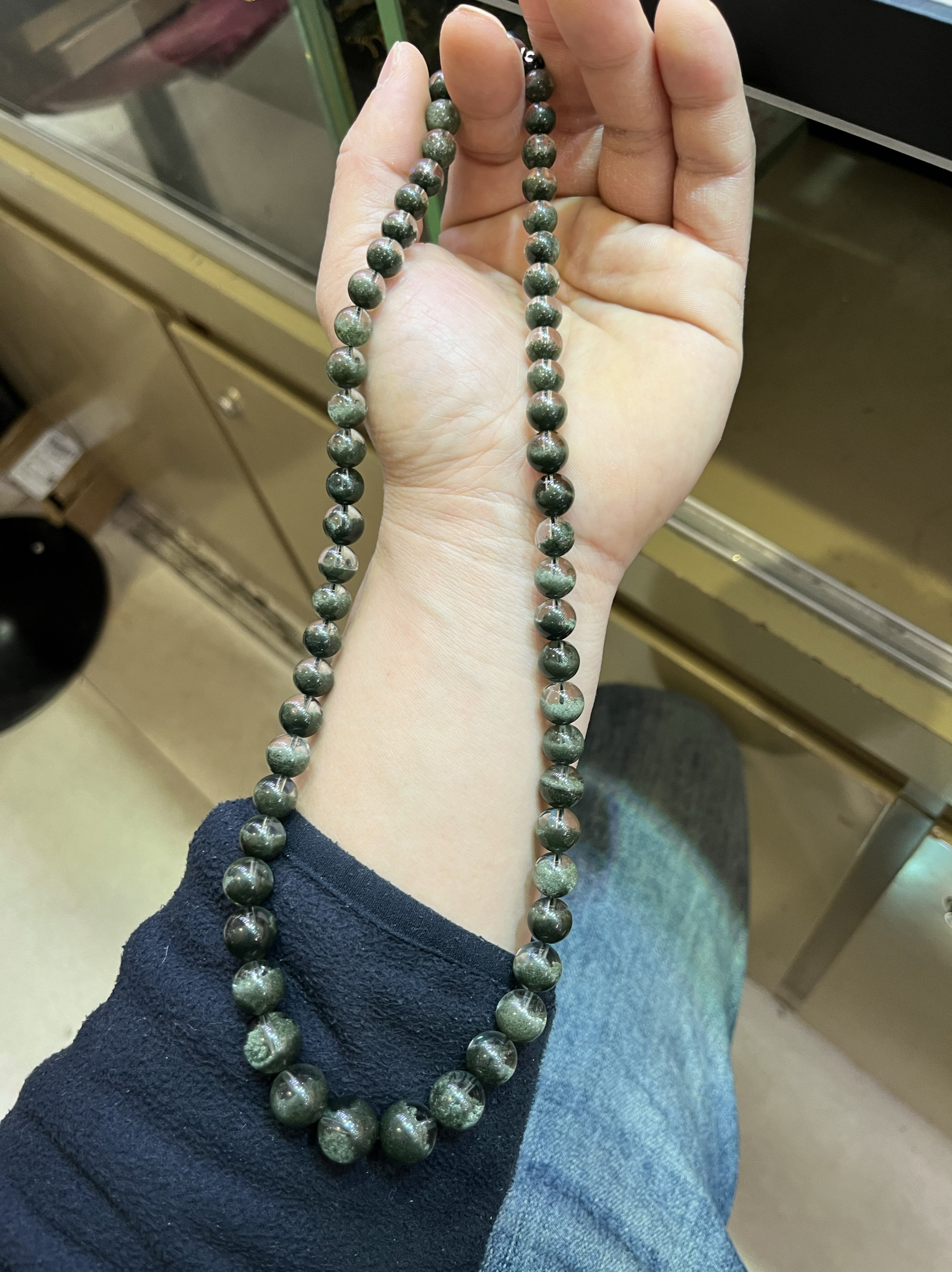 巴西绿幽灵聚宝盆项链塔链7～12毫米 纯天然附国检证书