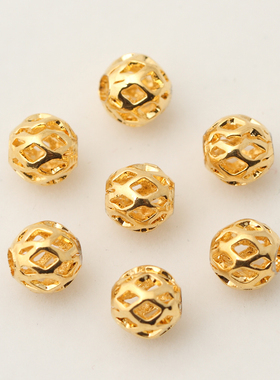 3-6mm纯铜珠子真空镀金24K 镂空圆珠隔珠散珠diy手链项链配饰材料