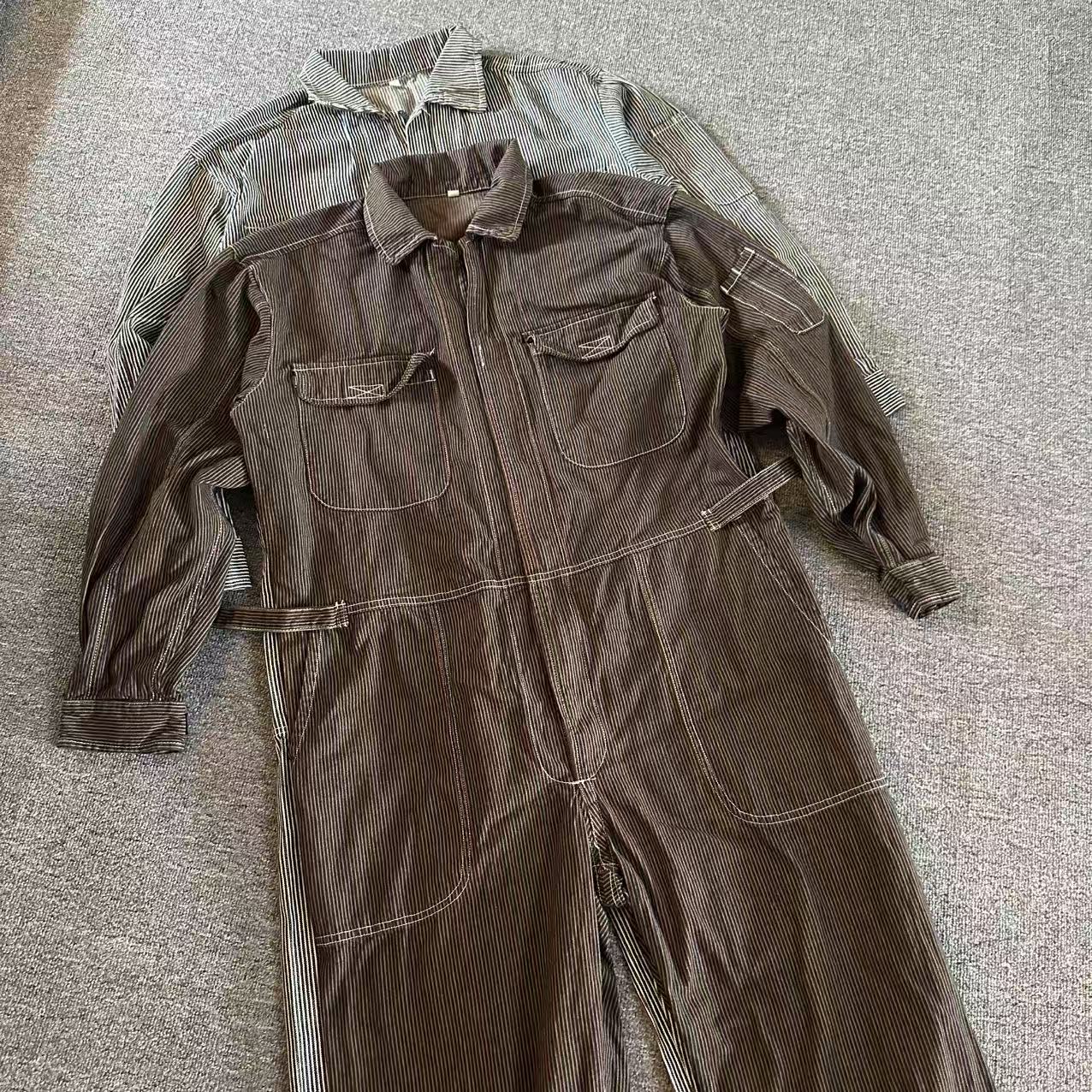 外贸男士 春秋户外复古小清新竖条纹纯棉连体裤 连衣裤套装