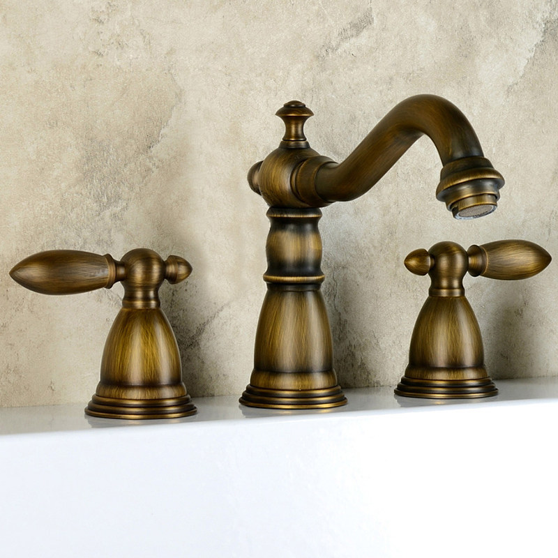 美式复古欧式仿古铜色拉丝三孔八寸分体式面盆水龙头冷热全铜