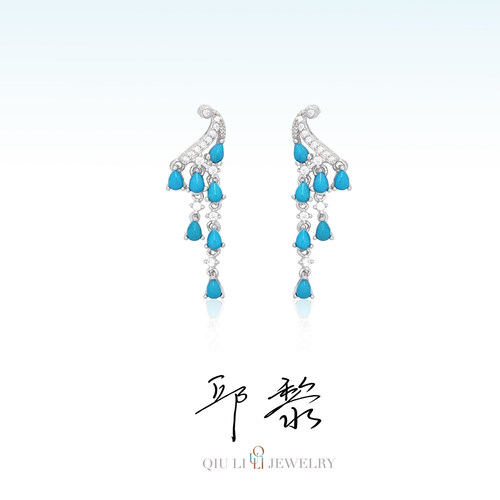 邱黎 ·【水滴风铃】925银古典款原矿美松绿松石流苏耳钉1h8242