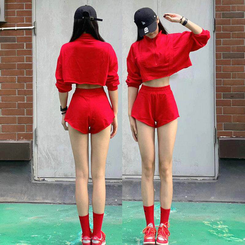 辣妹穿搭洋气运动服啦啦队女团舞蹈红色爵士跳舞套装春秋宽松显瘦