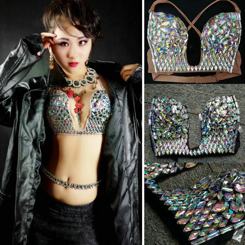 酒吧DJ女歌手舞台演出服gogo点跳亮钻文胸内搭性感大露背