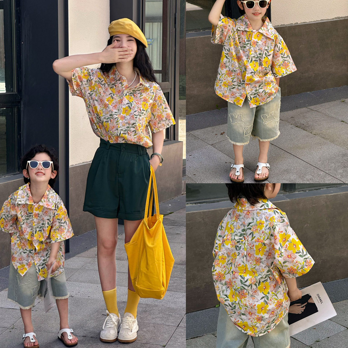 韩国亲子装夏季一家三口短袖衬衫海边度假母子母女碎花上衣中大童