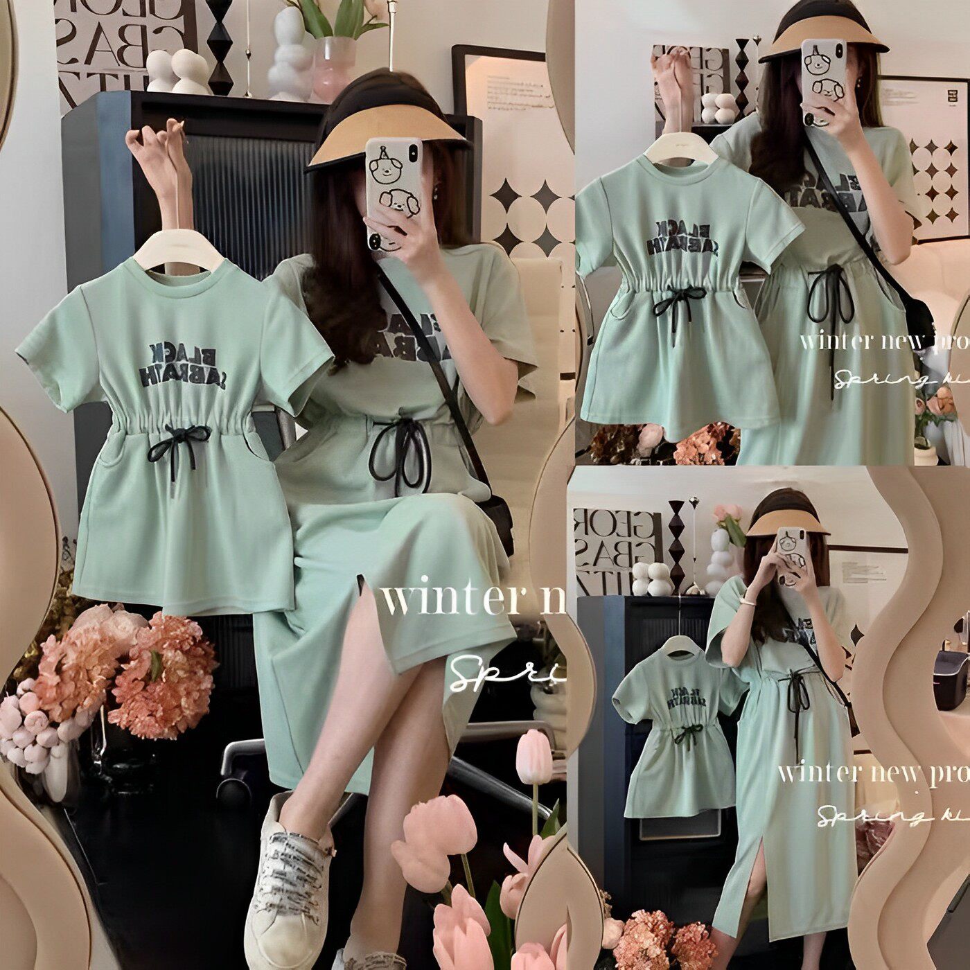 韩版亲子装一家三口夏装高端母女装连衣裙短袖婴儿宝宝夏季全家装