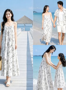 海边度假亲子装连衣裙母女装一家四口套装印花雪纺沙滩装露背长裙