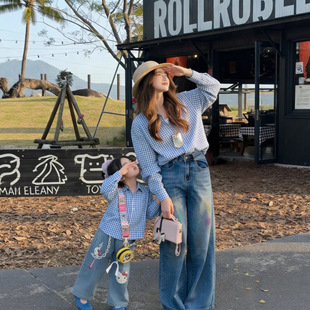 网红新款格子衬衫港味复古上衣宽松慵懒风长袖百搭衬衣亲子装童装