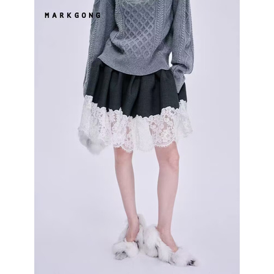 TURIGHT买手店26SS现货MARKGONG 灰色蕾丝拼接打褶半身裙短裙