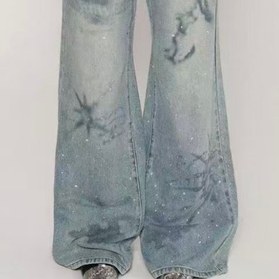 senseaweek 航海图烫钻宽松牛仔裤