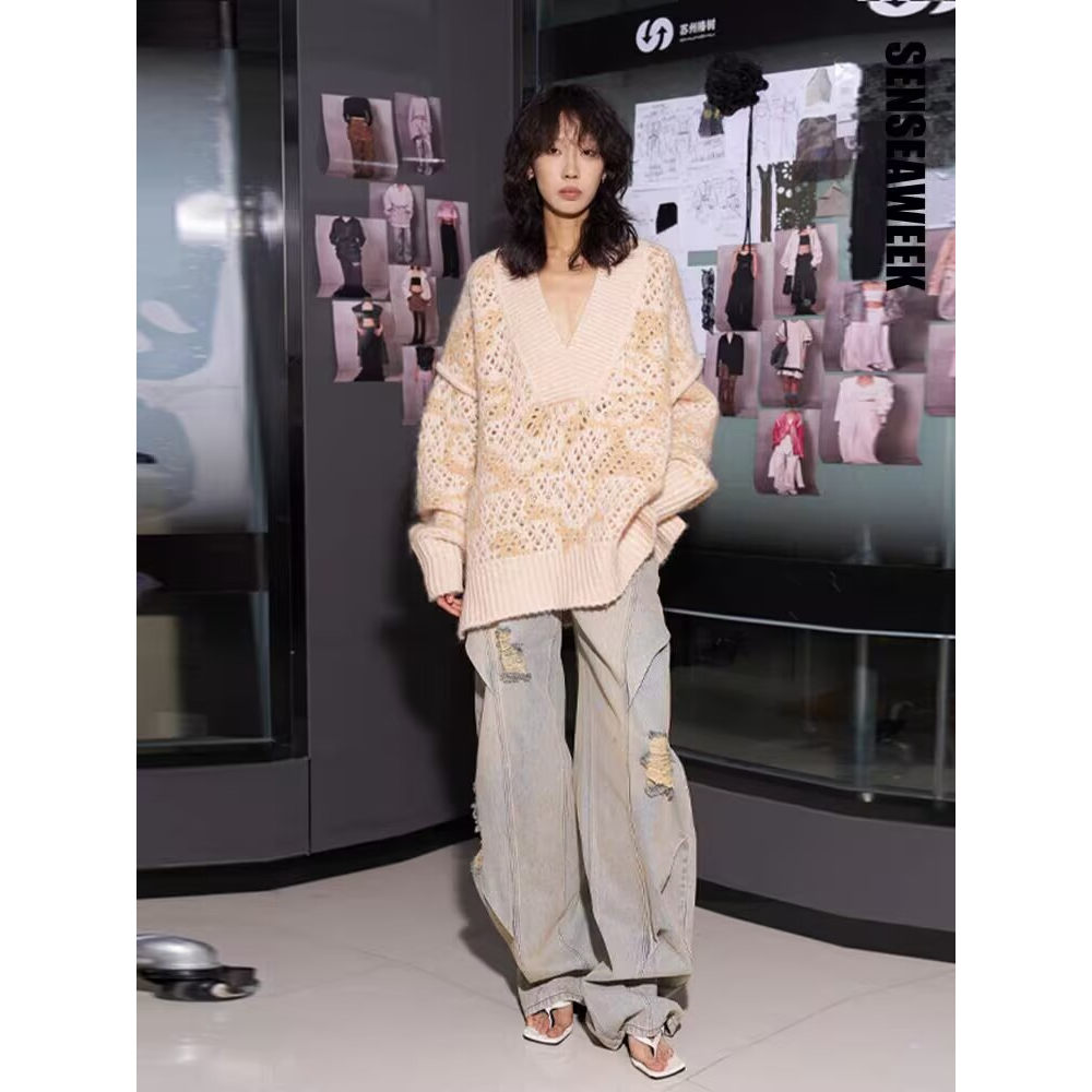 SENSEAWEEK V领马海毛套头毛衣