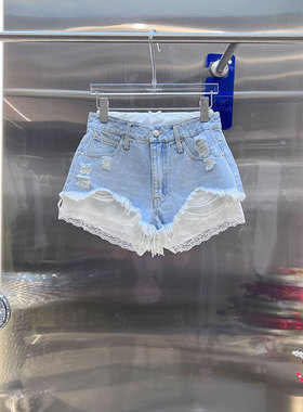 NKC.欧洲站小众BābyChìlling假两件热裤拼接蕾丝边叠层牛仔裤女