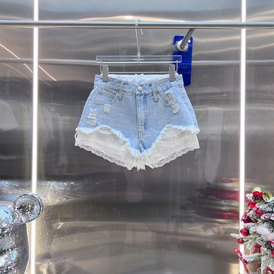 NKC.欧洲站小众BābyChìlling假两件热裤拼接蕾丝边叠层牛仔裤女