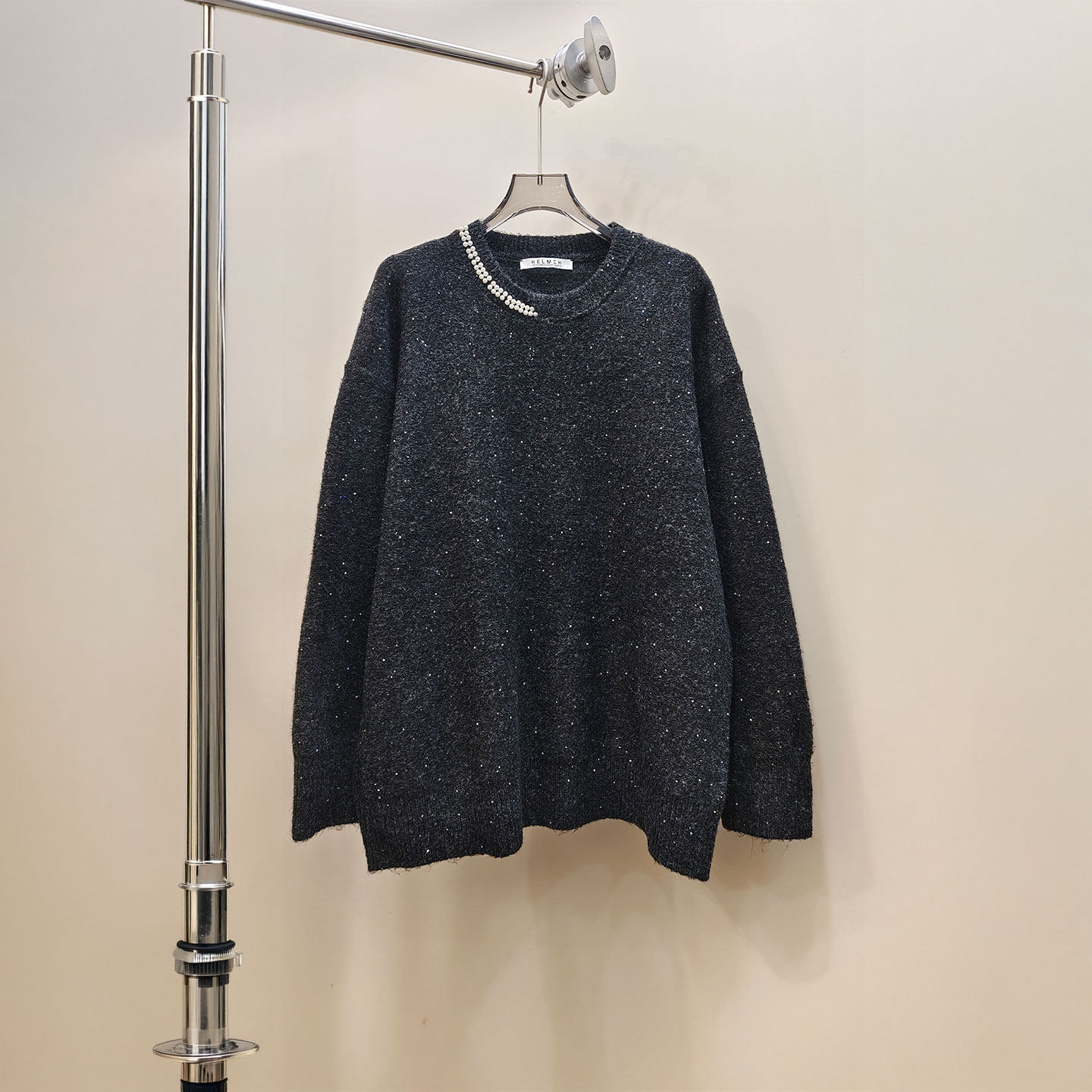 NKC.欧洲站小众HELMCH南油高端重工钉珠圆领灰色针织衫女亮丝毛衣