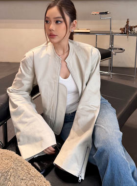 NKC.欧洲站小众FANLEONA圆领拉链宽松收腰夹克下摆松紧收腰外套女
