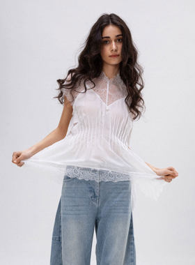 NKC.欧洲站小众FANLEONA洋气时髦背心衬衫蕾丝拼接假两件百搭上衣