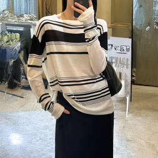 复古风圆领条纹T恤设计感休闲百搭长袖 NKC.欧洲站小众美式 上衣女