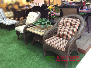 美式乡村户外家具藤椅茶几三件套阳台藤编石面方桌别墅庭院巴菲特