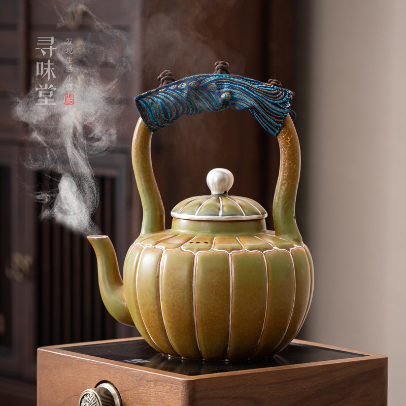 青绿釉银彩烧水壶煮茶壶|老岩泥莲花提梁壶鎏银陶瓷茶具围炉煮茶