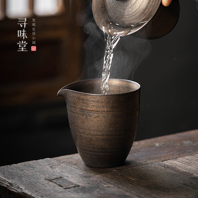 古铜釉粗陶公道杯｜复古风茶海鎏金铁锈釉分茶杯匀杯陶瓷功夫茶具