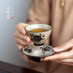 民窑雕花品茗杯|复古风小茶杯磁州窑青灰釉陶瓷家用中式功夫茶具
