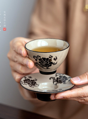 民窑雕花品茗杯｜复古风小茶杯磁州窑青灰釉陶瓷家用中式功夫茶具