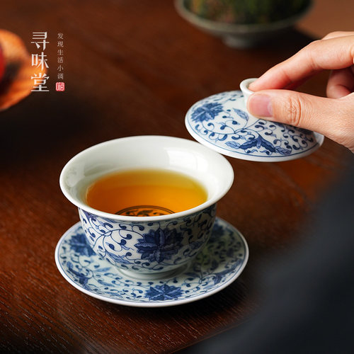 青花矾红缠枝莲盖碗三才茶碗复古