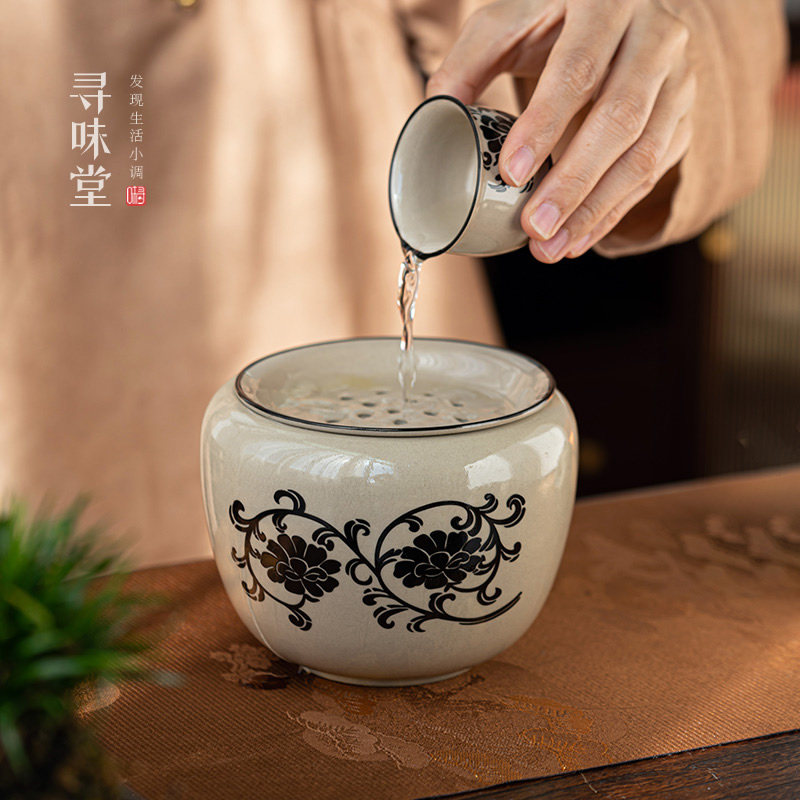 民窑雕花建水|复古风茶渣桶磁州窑茶水盂青灰釉陶瓷干泡功夫茶具