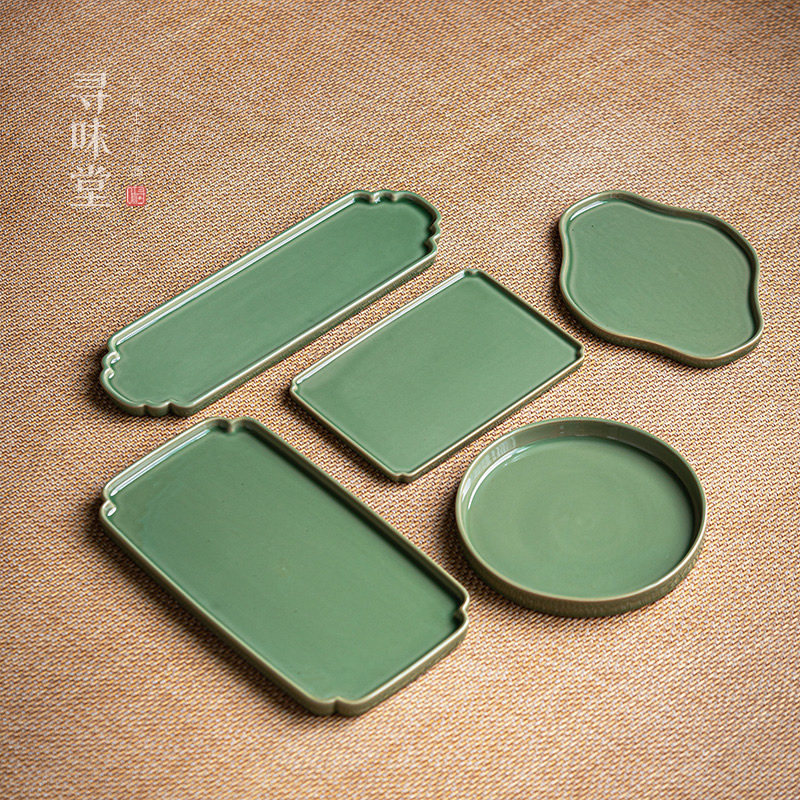 竹青釉陶瓷干泡盘｜茶盘复古单层长方形圆形托盘中式家用功夫茶具