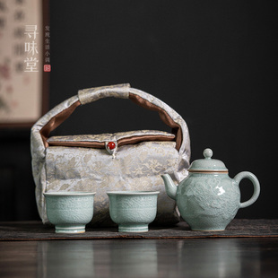 ｜高档亮釉汝瓷伴手礼复古中式 粉青汝窑茶壶小套装 家用功夫茶具