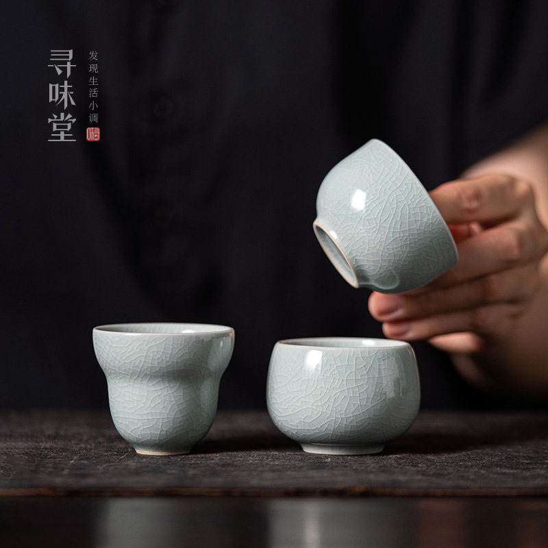 粉青汝窑品茗杯|高档亮釉汝瓷小茶杯主人杯复古中式家用功夫茶具