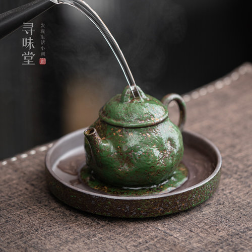 老岩泥青苔绿粗陶小茶壶
