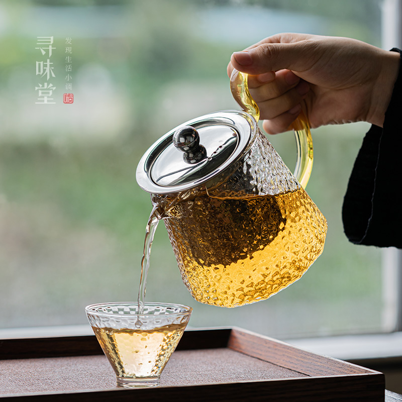 锤纹玻璃钢漏泡茶壶｜不锈钢茶隔过滤花茶壶煮茶壶家用茶具茶壶