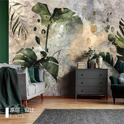 法式美式手绘复古芭蕉叶壁纸新款电视背景墙布卧室法式壁画别墅