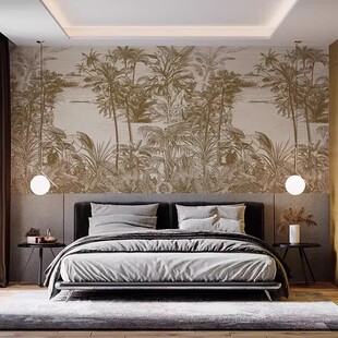 法式 树林墙布复古南洋风卧室客厅背景墙壁纸玄关墙纸手绘定制壁画