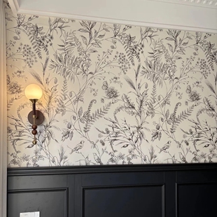 法式 卧室床头背景墙纸黑白复古花鸟蝴蝶壁纸酒店名宿餐厅手绘墙布